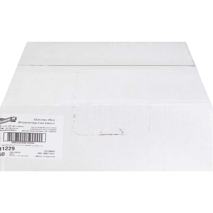 Genuine Joe Flexible Drawstring Trash Can Liners Small Size - 13 gal Capacity - 25.13" Length x 24" Width x 0.90 mil (23 Micron) Thickness - Low Density - Drawstring Closure - White - Resin - 60/Box - 1 / Carton