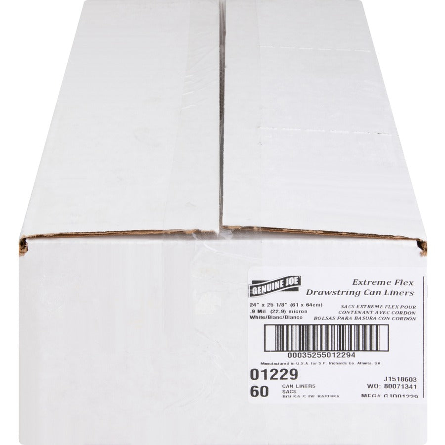 Genuine Joe Flexible Drawstring Trash Can Liners Small Size - 13 gal Capacity - 25.13" Length x 24" Width x 0.90 mil (23 Micron) Thickness - Low Density - Drawstring Closure - White - Resin - 60/Box - 1 / Carton