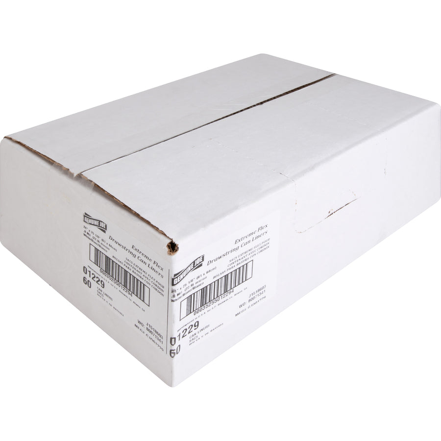 Genuine Joe Flexible Drawstring Trash Can Liners Small Size - 13 gal Capacity - 25.13" Length x 24" Width x 0.90 mil (23 Micron) Thickness - Low Density - Drawstring Closure - White - Resin - 60/Box - 1 / Carton