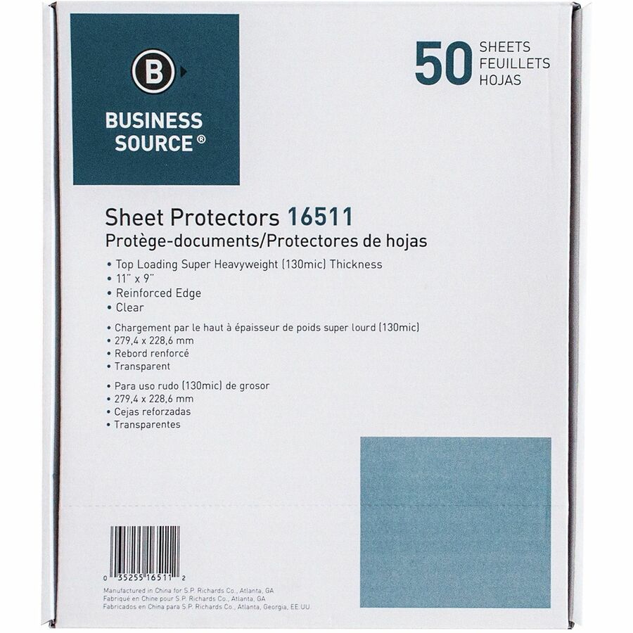 Business Source Sheet Protectors 5 mil Thickness - For Letter 8 1/2" x 11" Sheet - 3 x Holes - Ring Binder - Top Loading - Rectangular - Clear - Polypropylene - 50 / Box