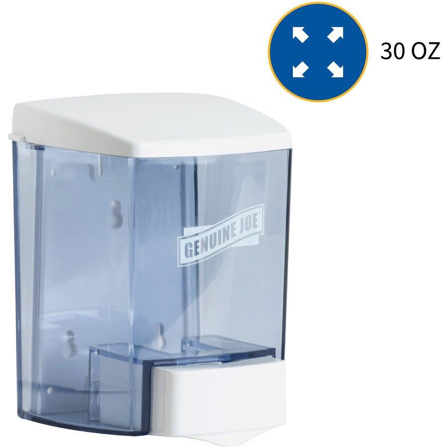 Genuine Joe 30 oz Soap Dispenser Manual - 30 fl oz Capacity - See-through Tank, Water Resistant, Soft Push - 1 Each