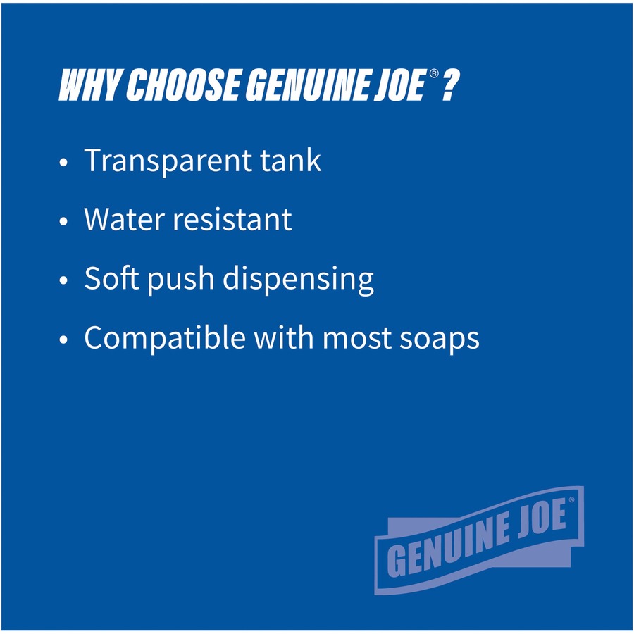 Genuine Joe 30 oz Soap Dispenser Manual - 30 fl oz Capacity - See-through Tank, Water Resistant, Soft Push - 1 Each