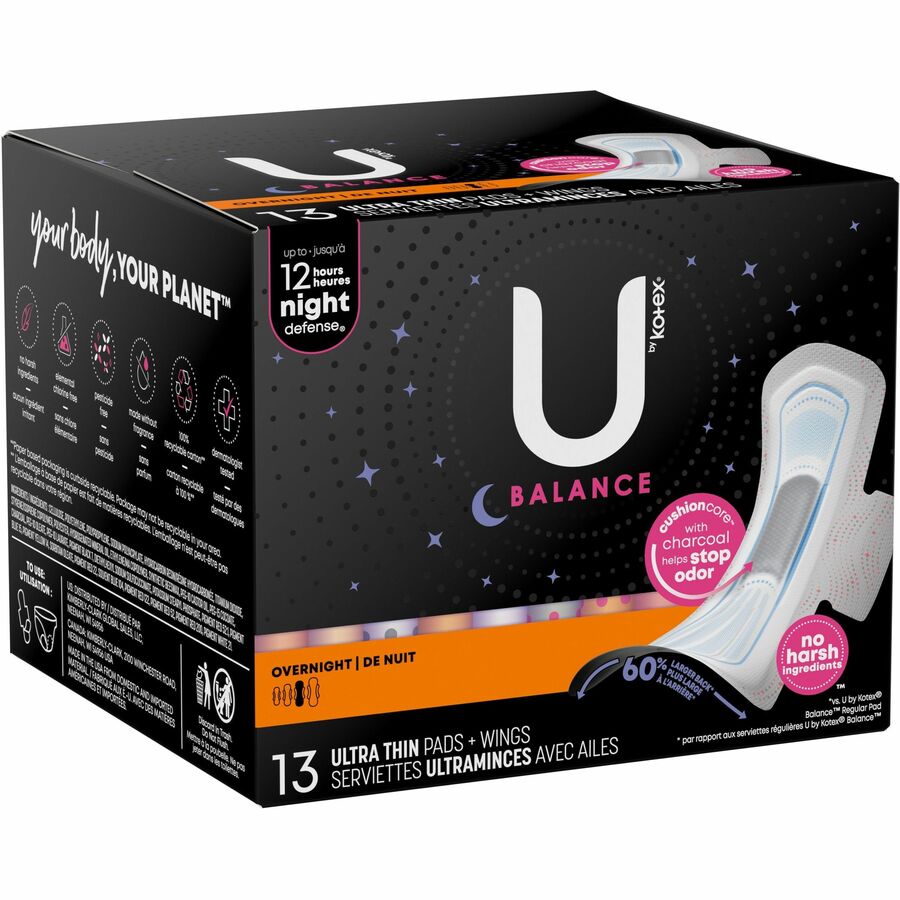U by Kotex Ultra Thin Overnight Pads With Wings - Individually Wrapped, Anti-leak, Absorbent, Odor-absorbing - 13/Box - 1 Each